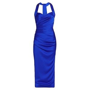 Rasario Draped Cobalt Blue Satin Halter Dress Medium